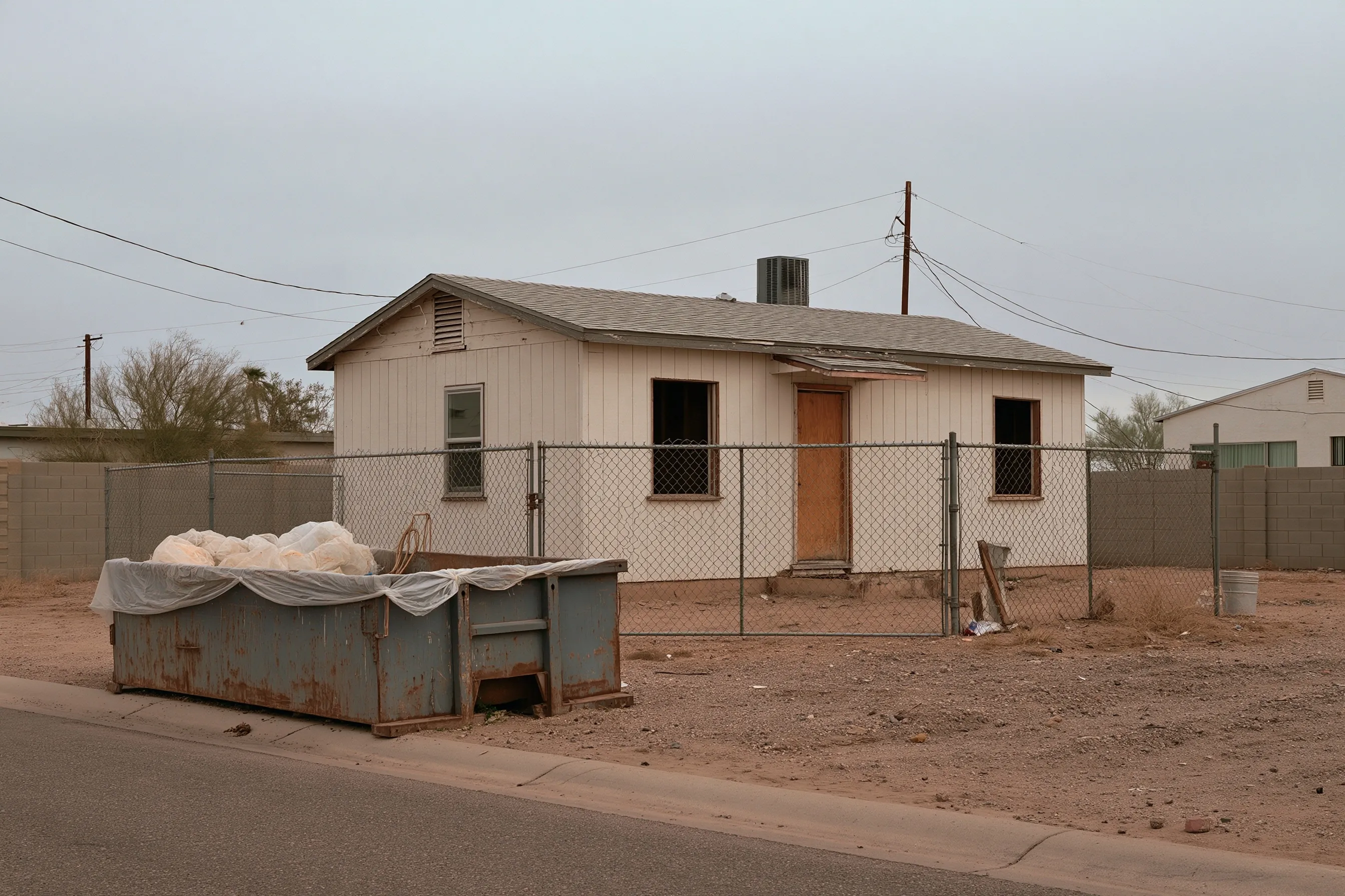 Older house prepared for demolition with fencing and containment and no workers present