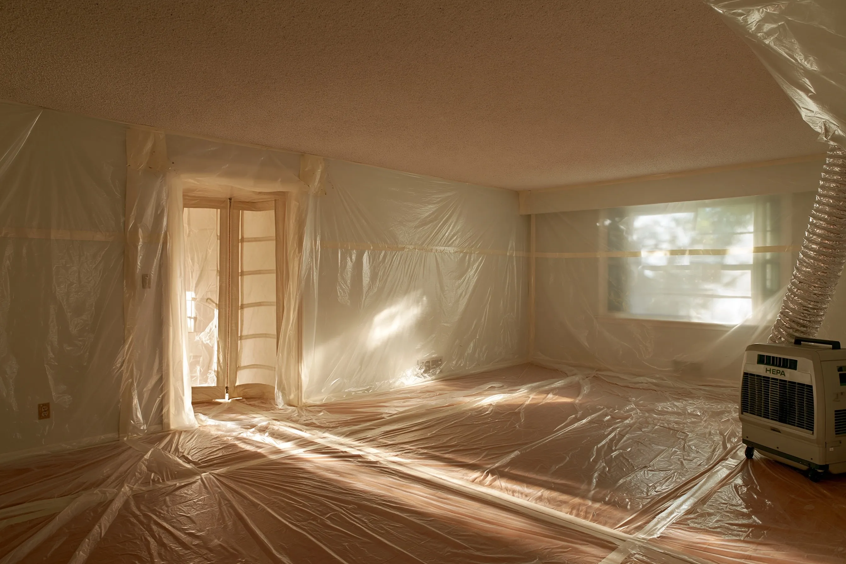 Textured popcorn acoustic ceiling in a 1970s living room sealed off with plastic sheeting